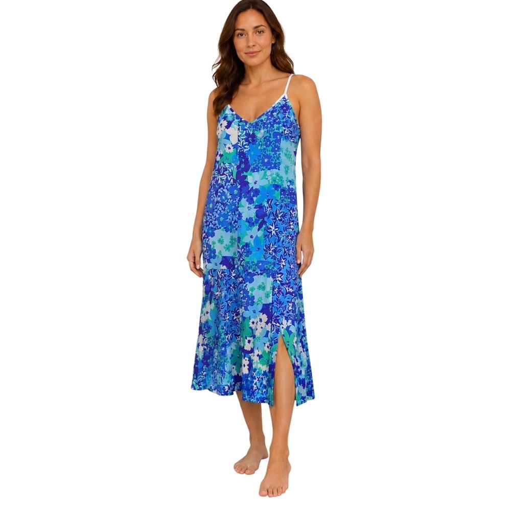 BeautySleep Social Nightgown or Dress Women Large Blue Floral Patchwork Midi